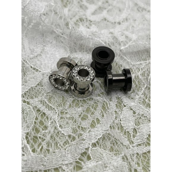 Rhinestone Silver and Black Screw Top Tunnels - Set of 2 - Picture 3 of 8